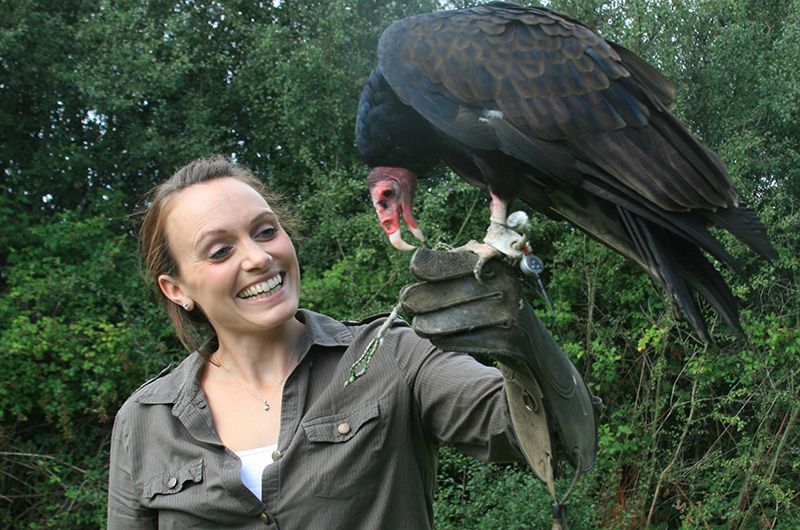 smiling woman holding vulture